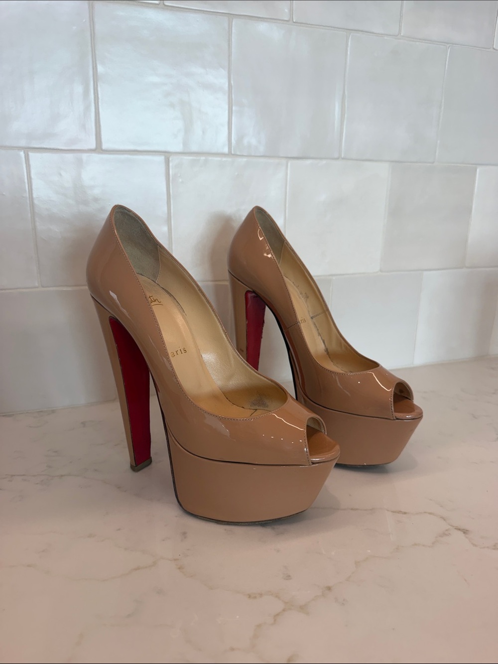 Christian Louboutin Nude Patent Peep-Toe Platform Pumps